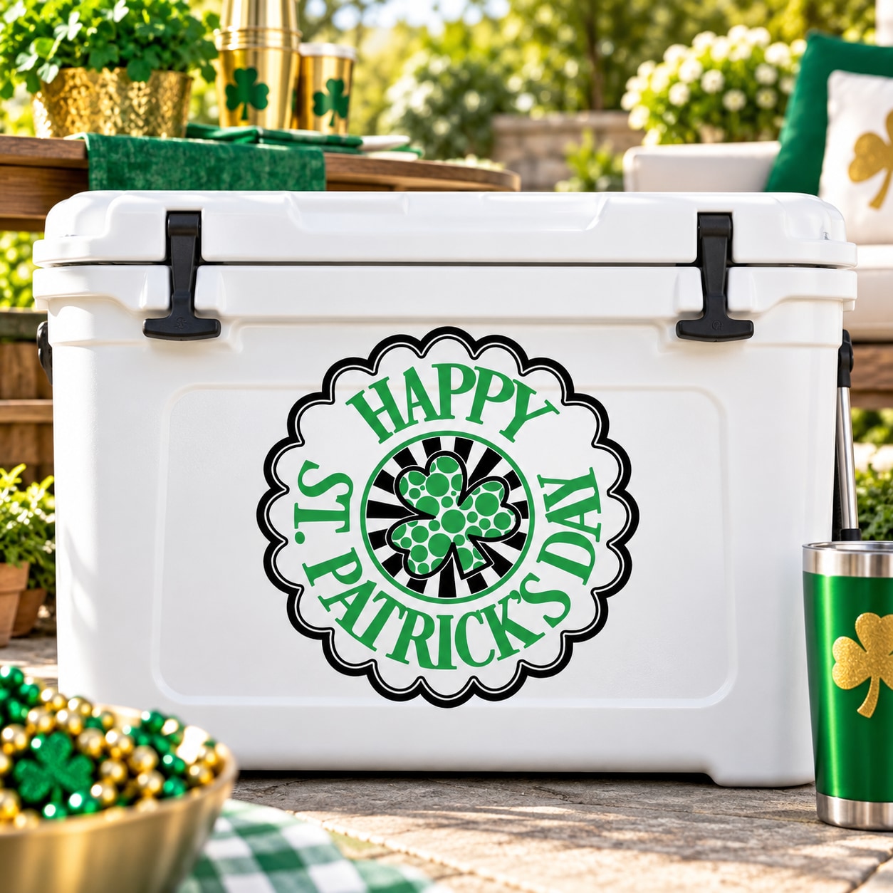St. Patrick's Day typography decal, round scalloped badge reading "Happy" with shamrock