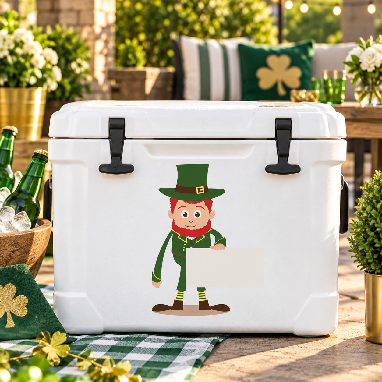 St. Patrick's Day leprechaun holding sign sticker on a white cooler