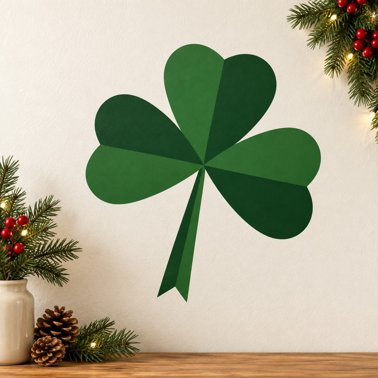 Three-leaf clover sticker with dark green leaves and a ribbon tail