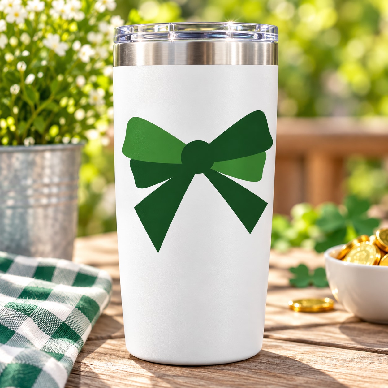 St Patrick's Day green ribbon bow sticker with shamrock-style clover ribbon design