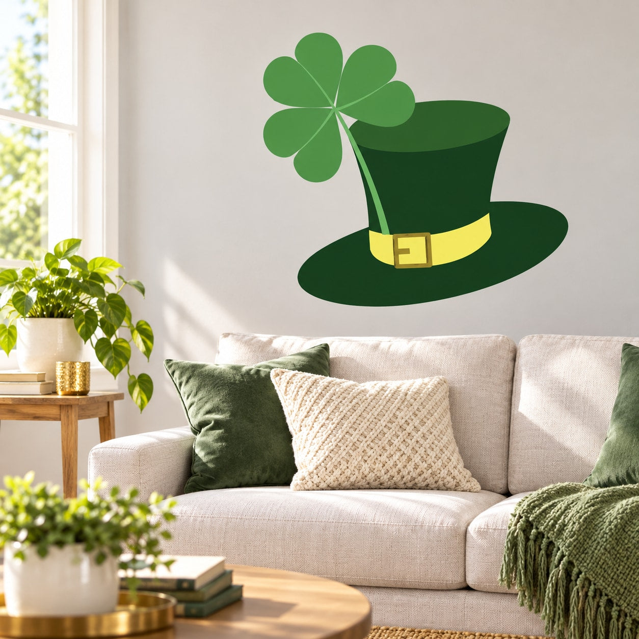 Green top-hat clover wall sticker with gold buckle and belt