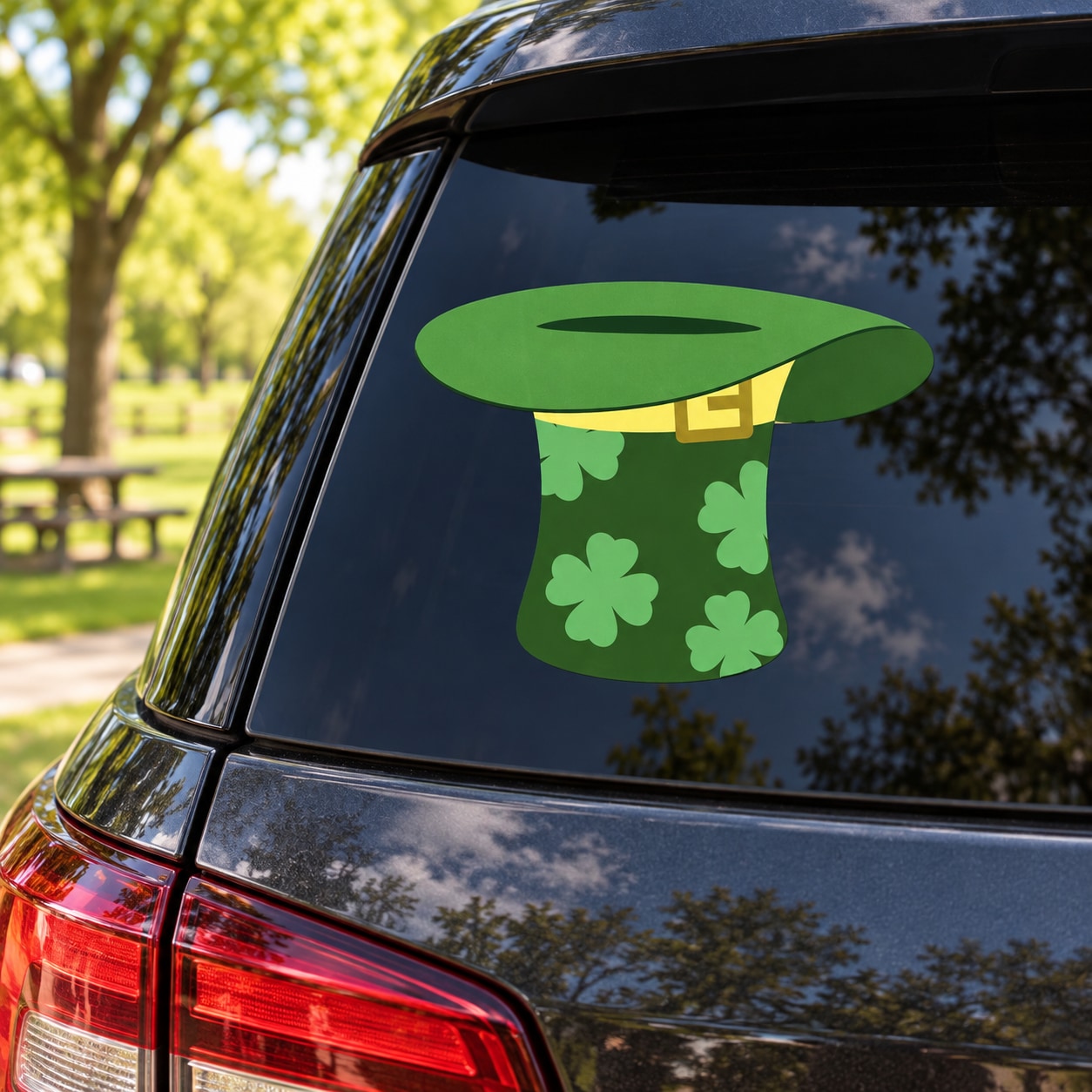 Car window sticker: green upside-down top hat with clover leaf design
