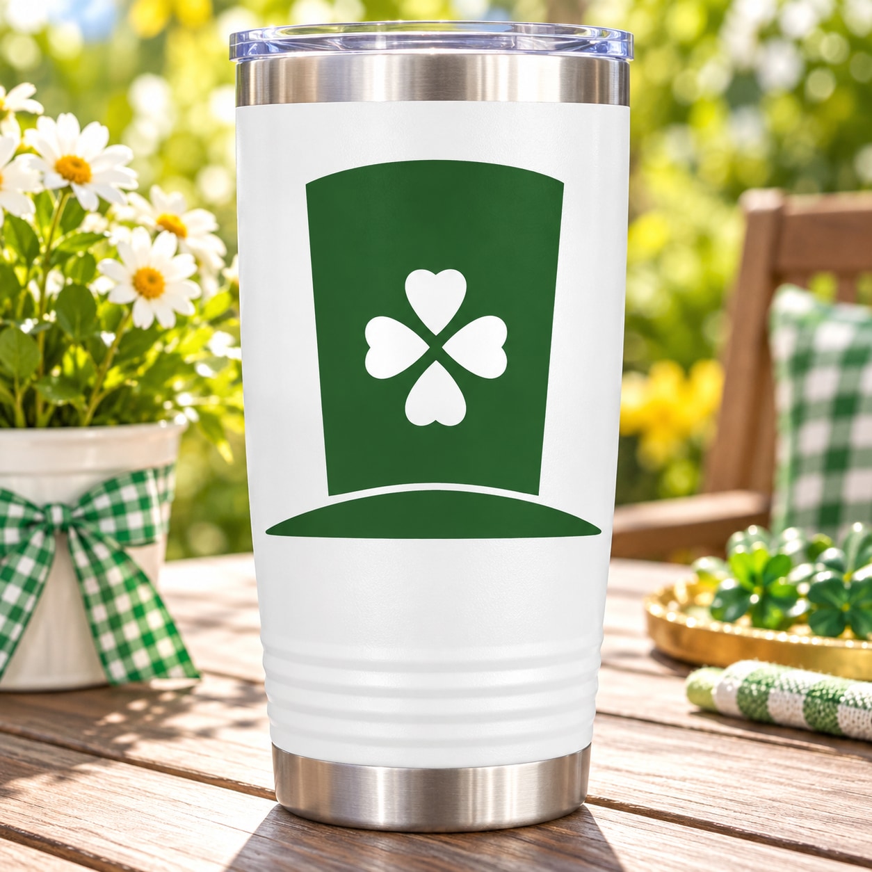 Green top hat clover die-cut decal with white four-leaf symbol