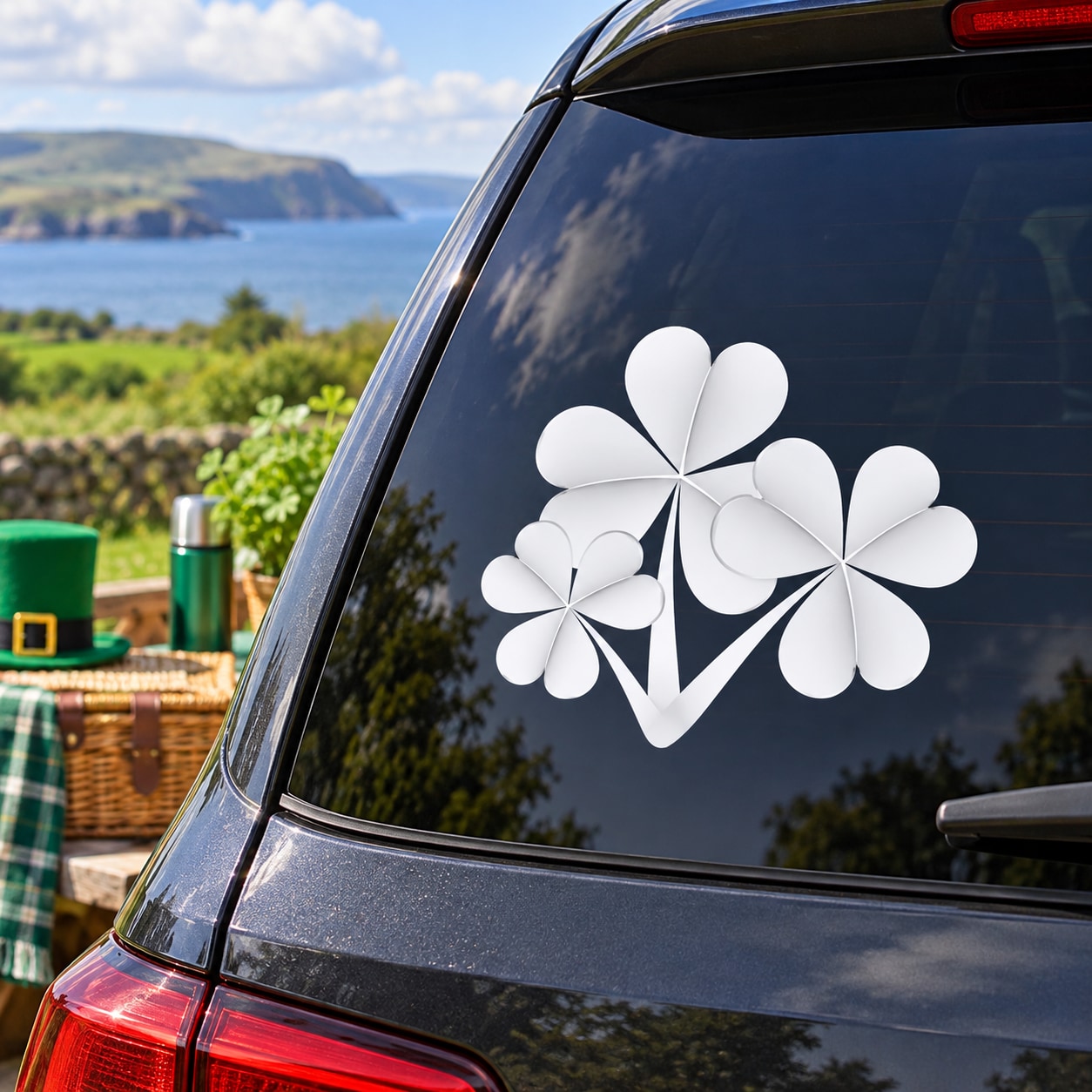 White die-cut clover decal with three leaf shapes on a car window