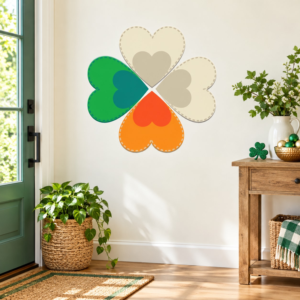 Multi-colored four-leaf clover St Patrick's Day sticker with four heart-shaped leaves