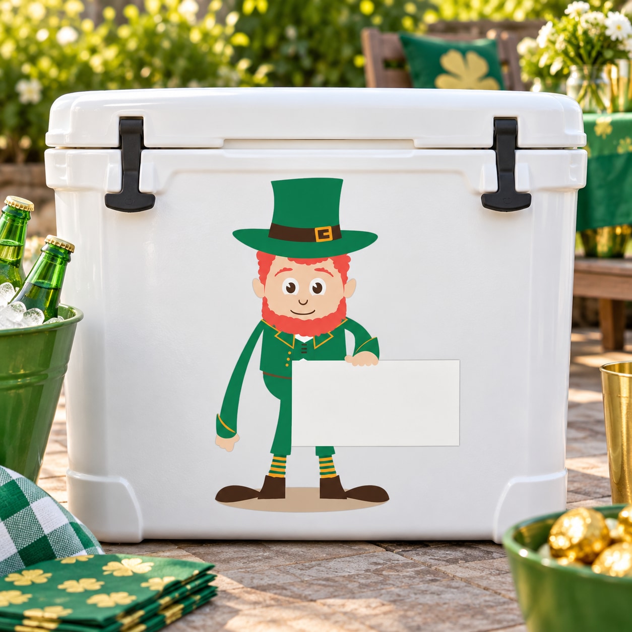 Cartoon leprechaun St. Patrick's Day sticker: green hat and outfit holding a sign