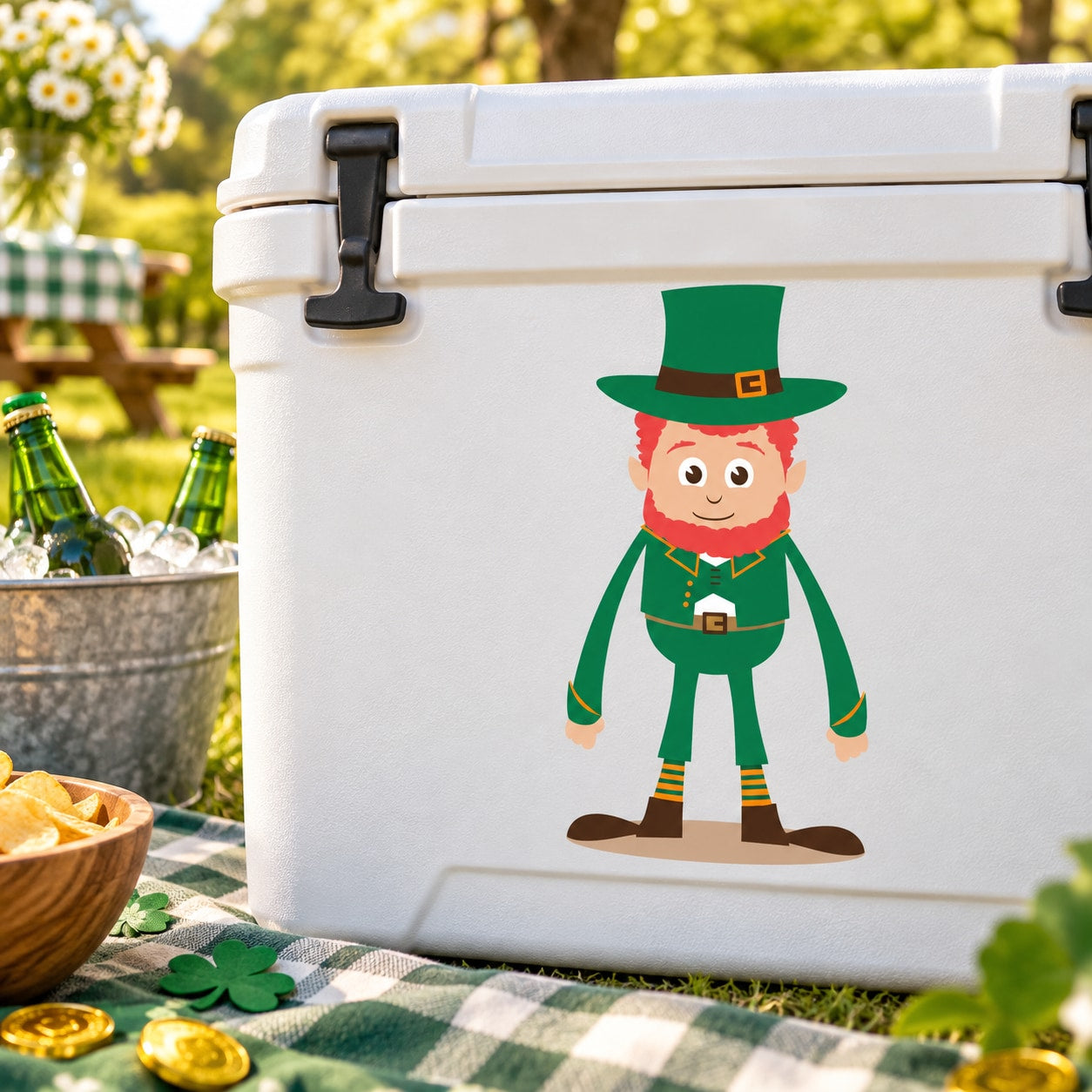 St. Patrick's Day leprechaun die-cut decal, printed smiling elf in green hat and suit