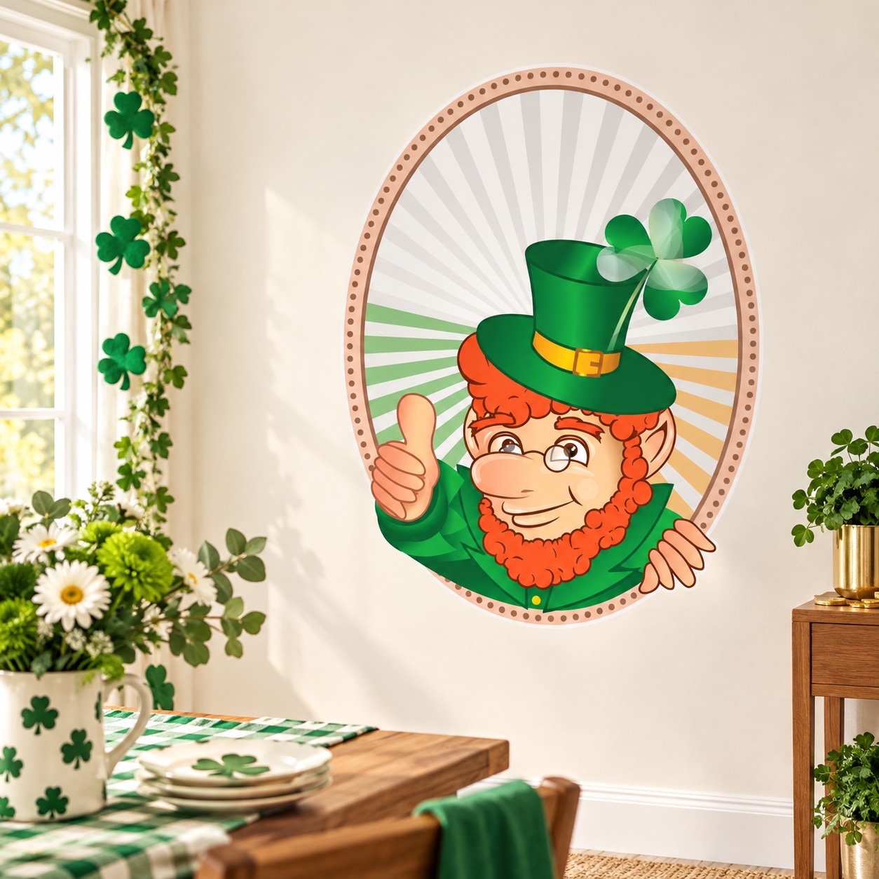 St Patrick's Day window sticker with leprechaun giving a thumbs up