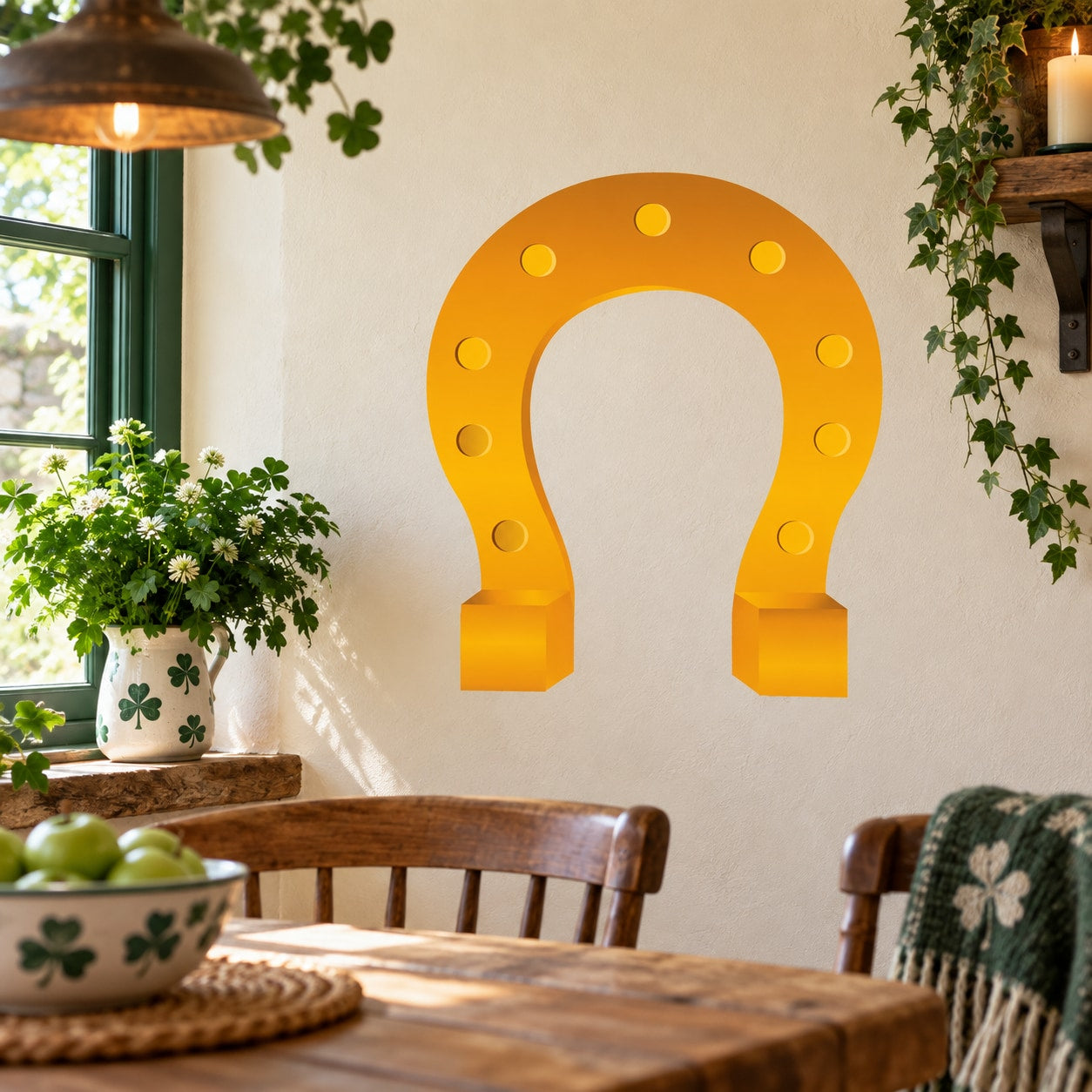 Gold horseshoe St Patrick's Day sticker with small circular holes