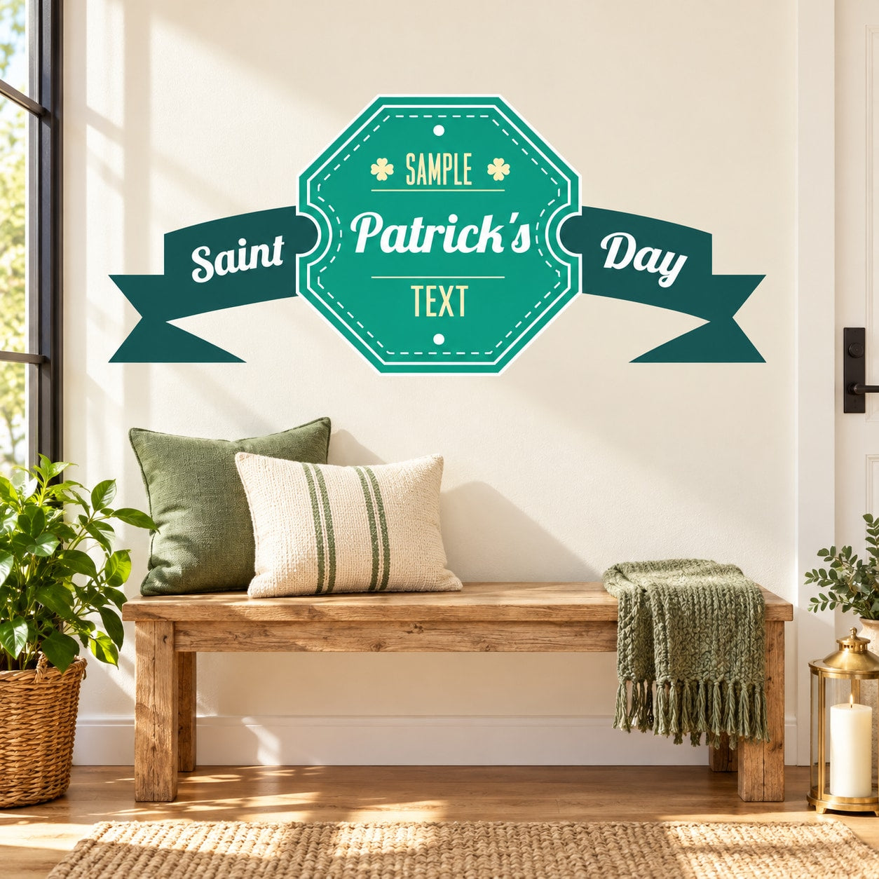 Saint Patrick's Day banner decal with teal octagon badge and ribbon die-cut shapes