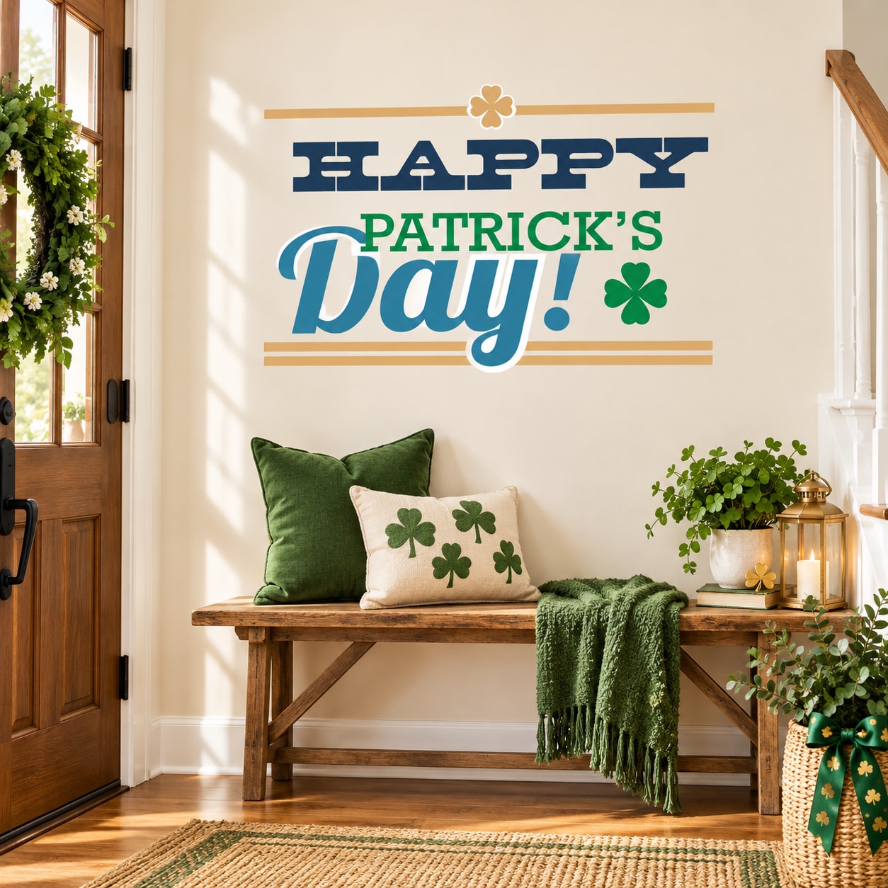 Happy Patrick's Day printed die-cut decal with blue lettering and green clovers