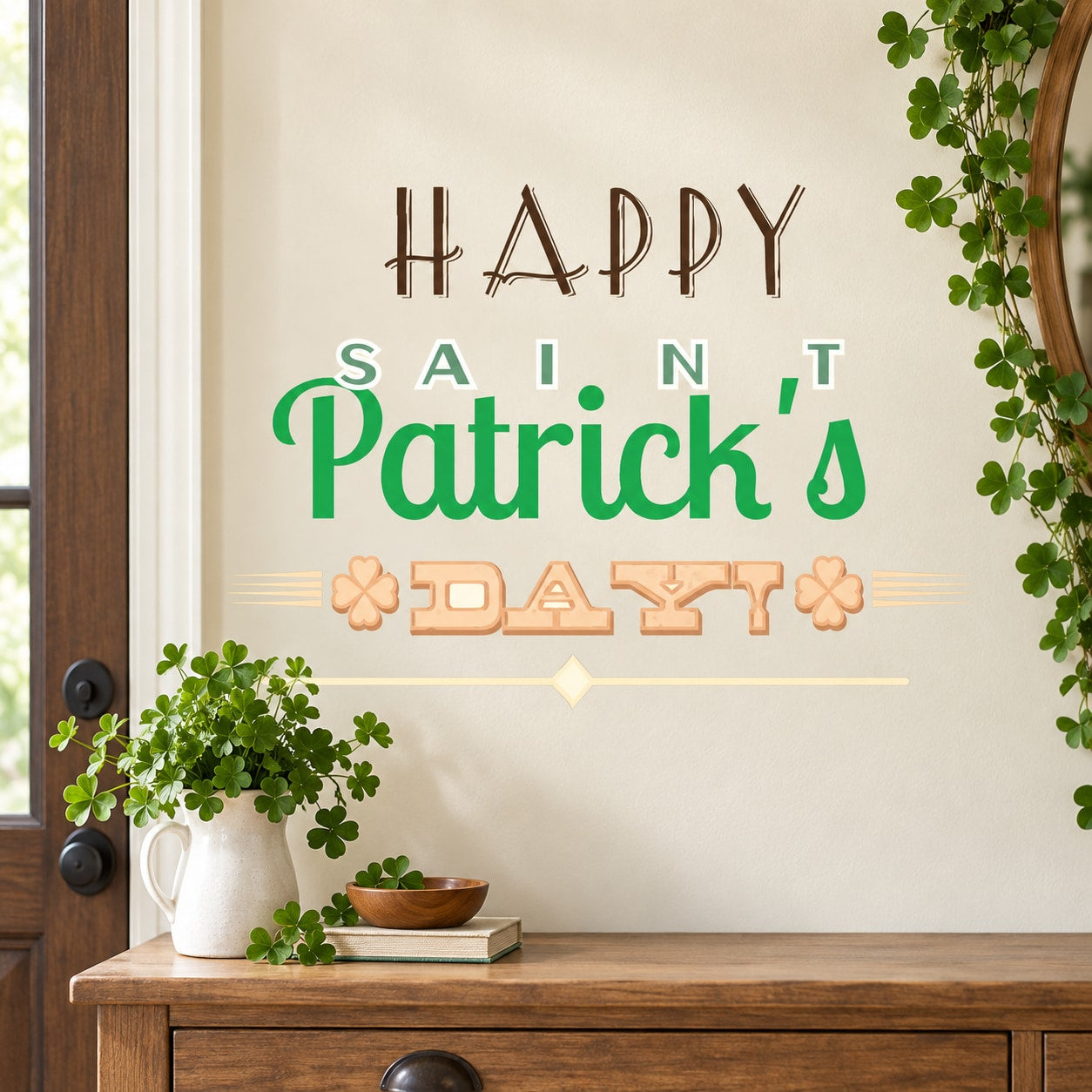 Saint Patrick's Day printed die-cut decal with green lettering, gold accents, clovers