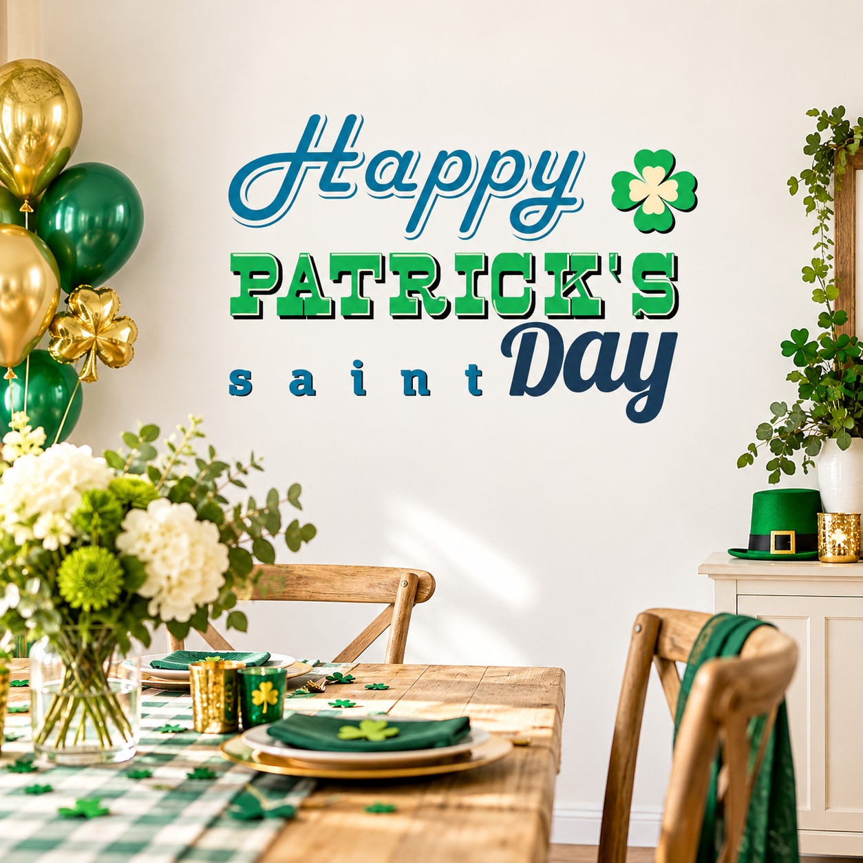 St. Patrick's Day typography wall decal, 'Happy Patrick's Saint Day' with shamrock