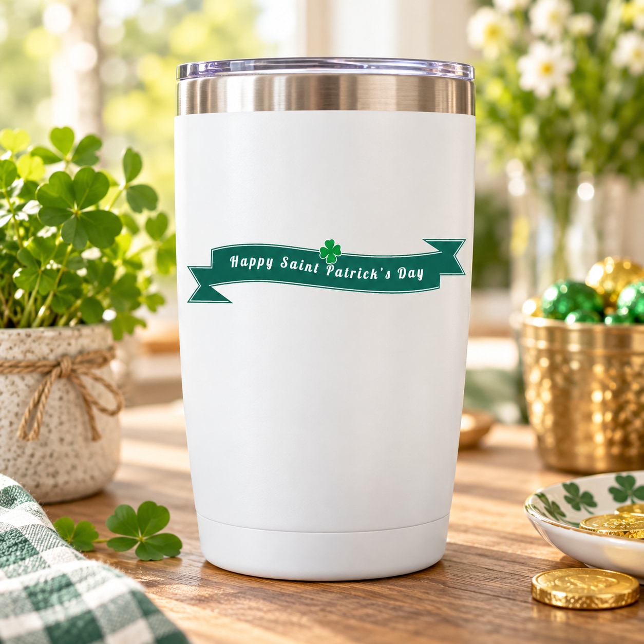 Green St. Patrick's Day banner sticker, "Happy Saint Patrick's Day" text