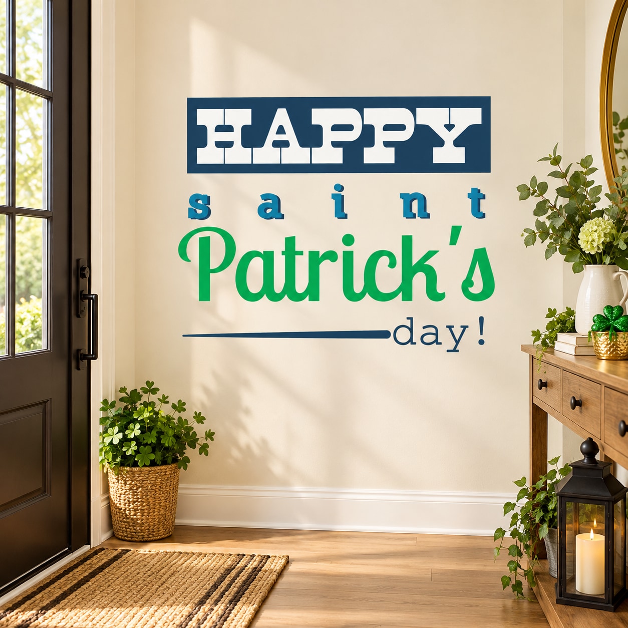 Happy St. Patrick's Day typography die-cut decal with blue HAPPY and green text