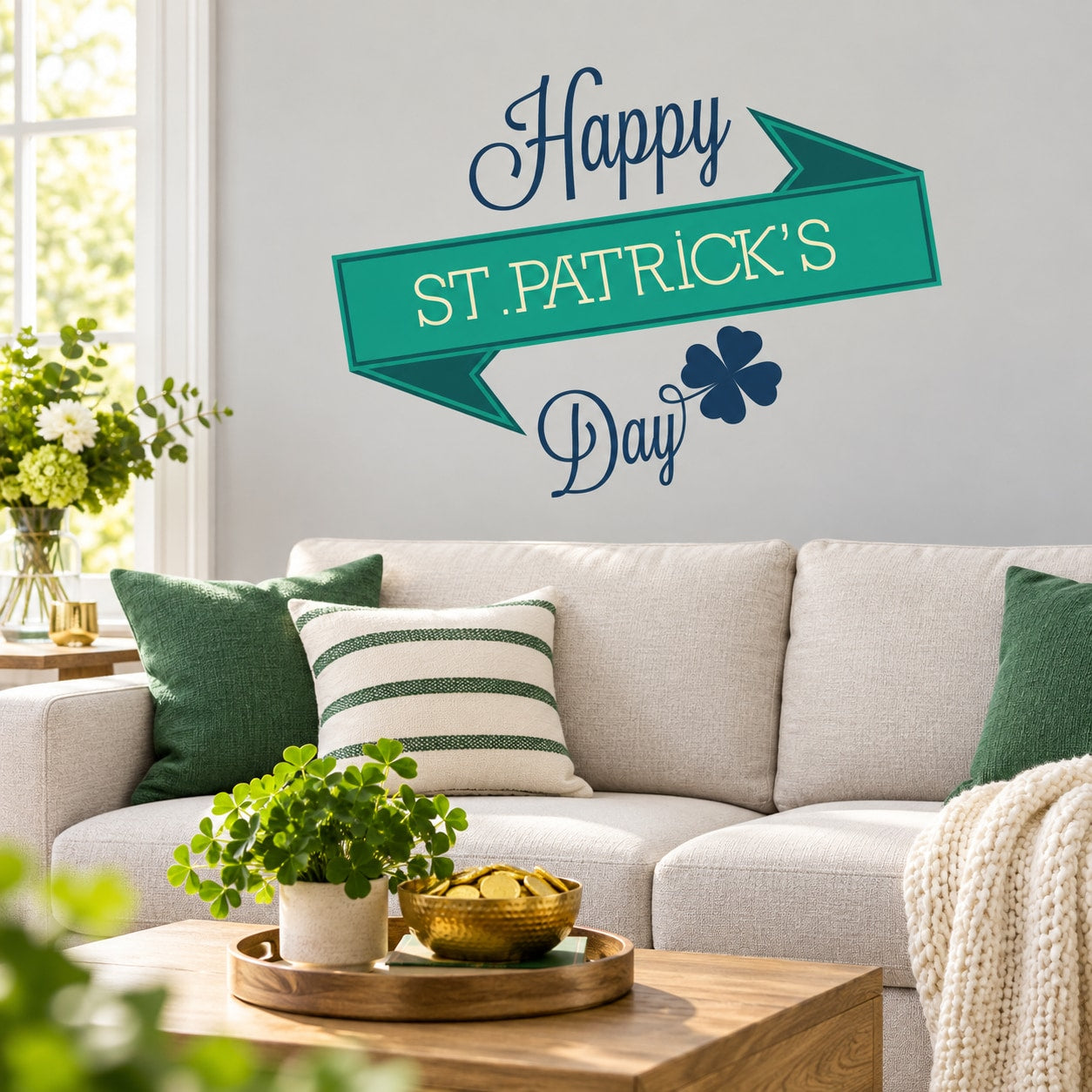 Happy St. Patrick's Day four-leaf clover shamrock wall sticker with green banner