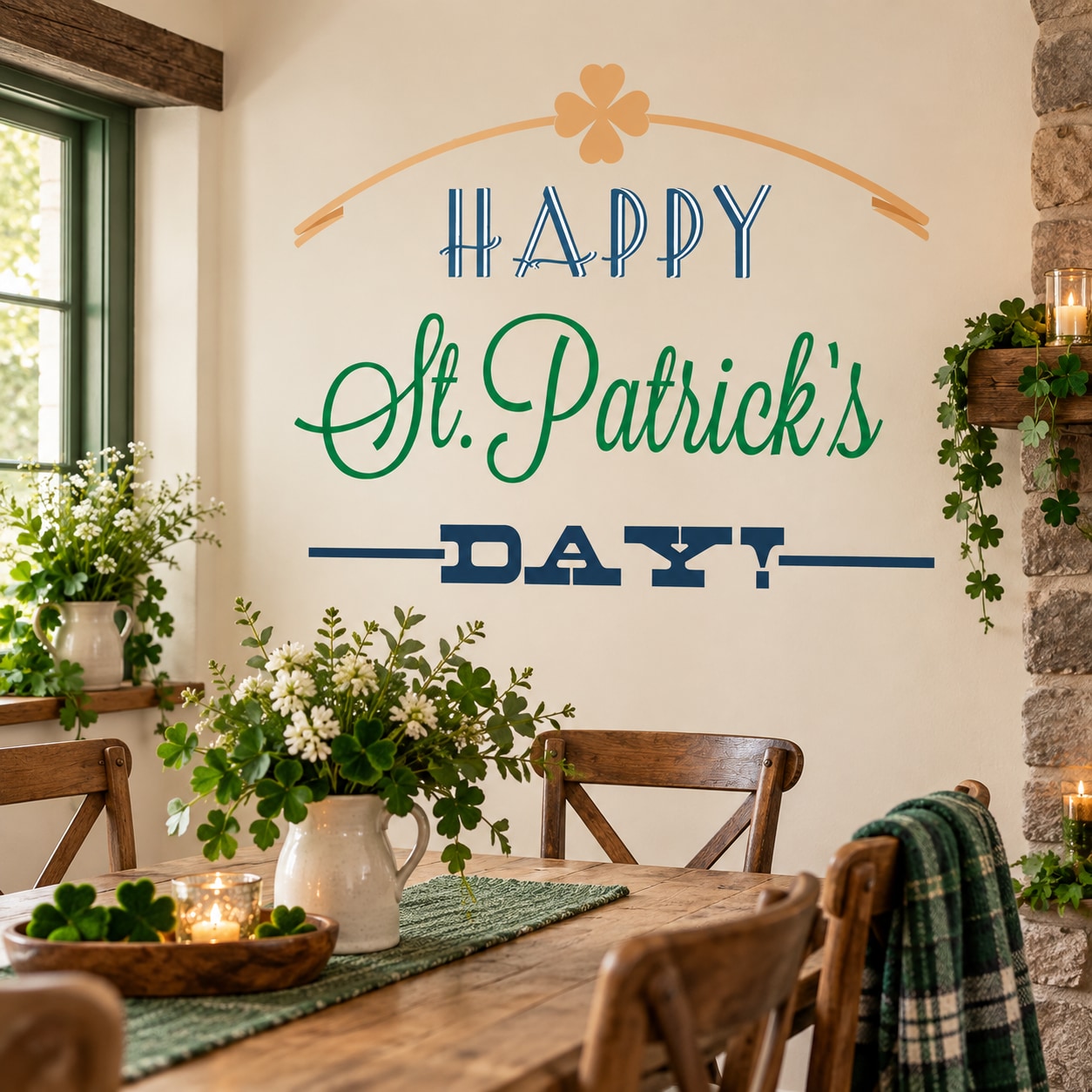 St. Patrick's Day decal: arch text 'Happy St. Patrick's Day' with clover flower