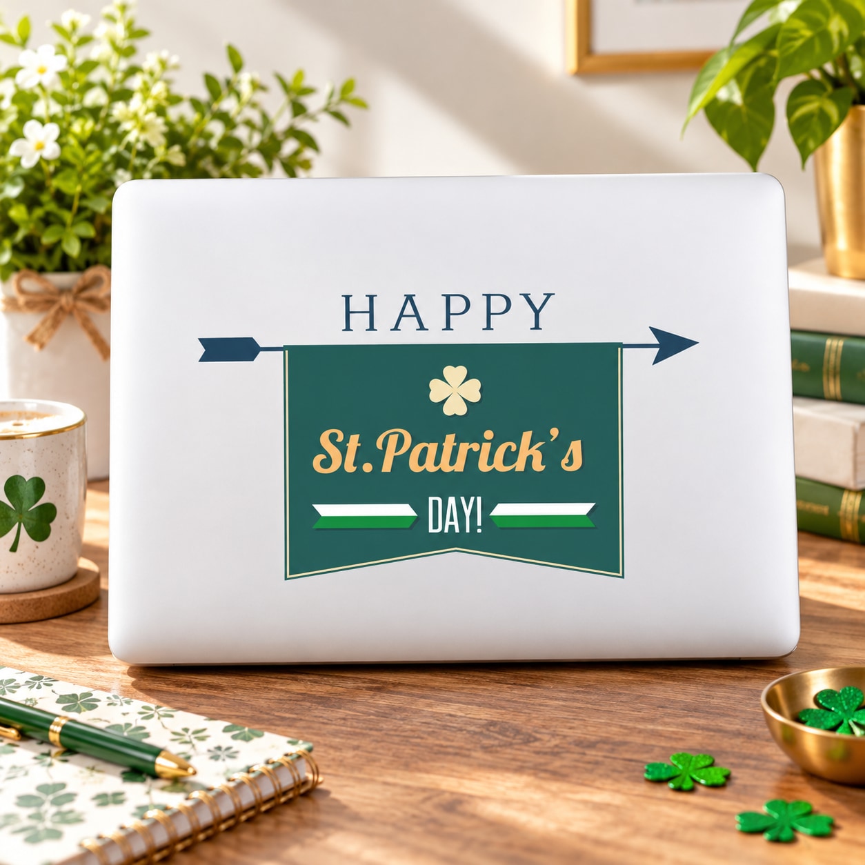St. Patrick's Day arrow banner decal with Happy text and clover