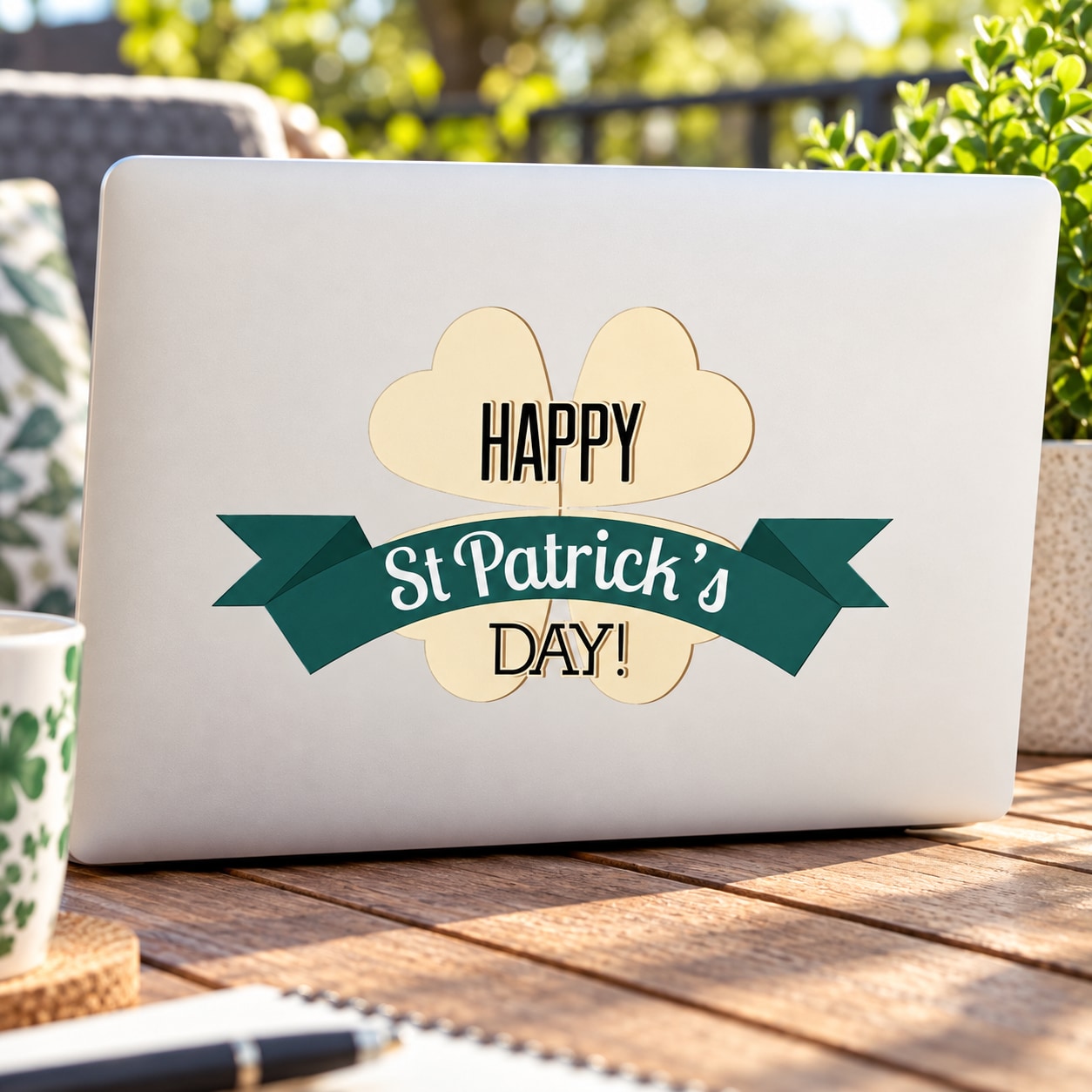 St. Patrick's Day banner decal with 'HAPPY' clover and green ribbon text