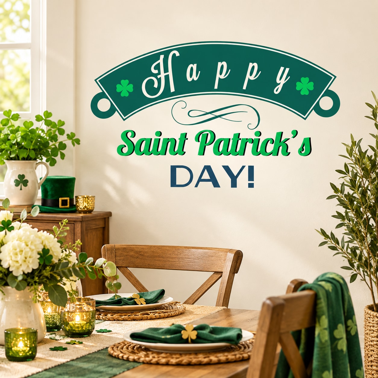 Green die-cut Saint Patrick's Day decal with 'Happy' banner text and shamrocks