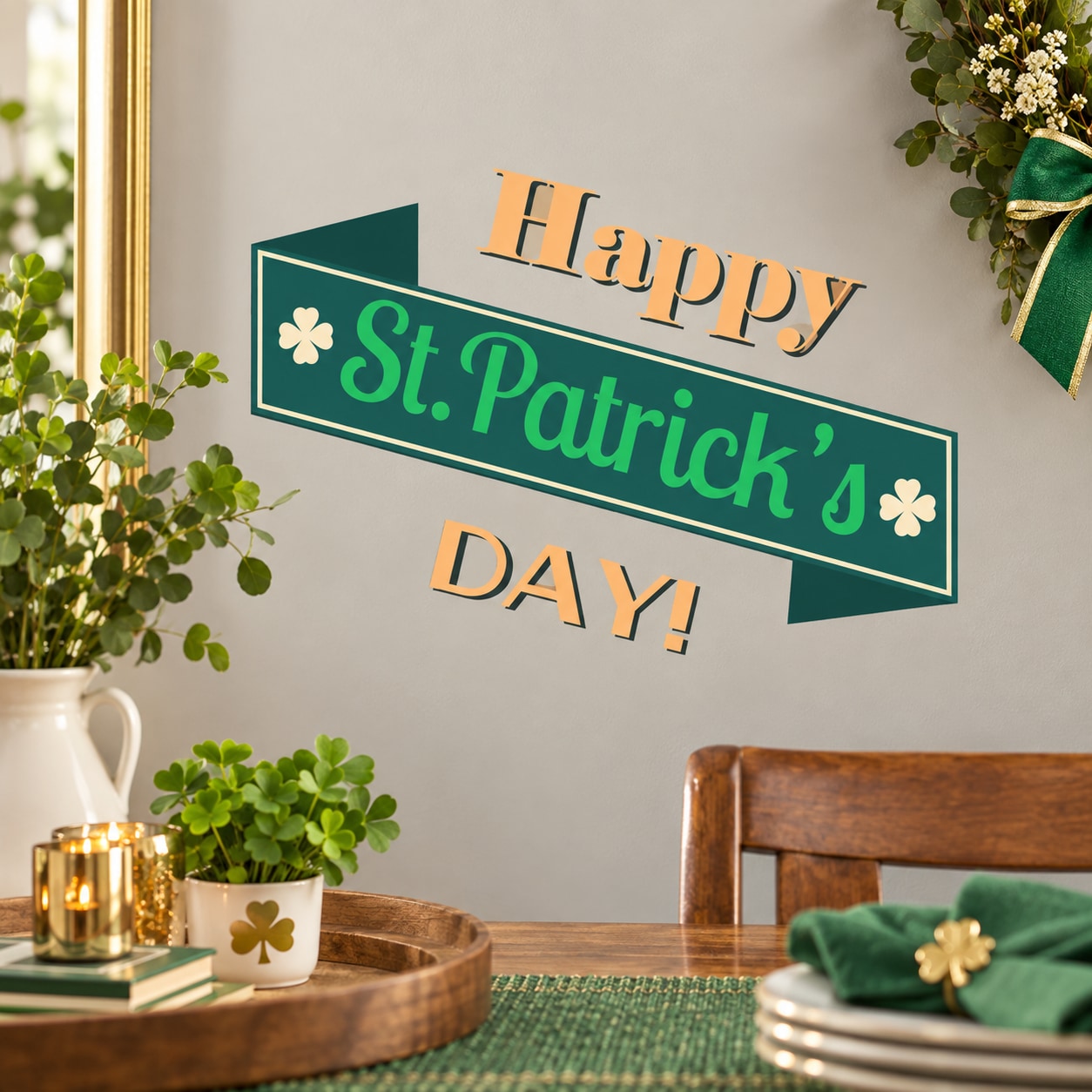 Happy St. Patrick's Day angled banner decal with clovers and orange 'Happy' text