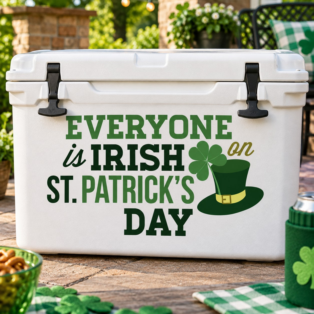 Die-cut decal: 'Everyone is Irish' green text with clover and leprechaun hat