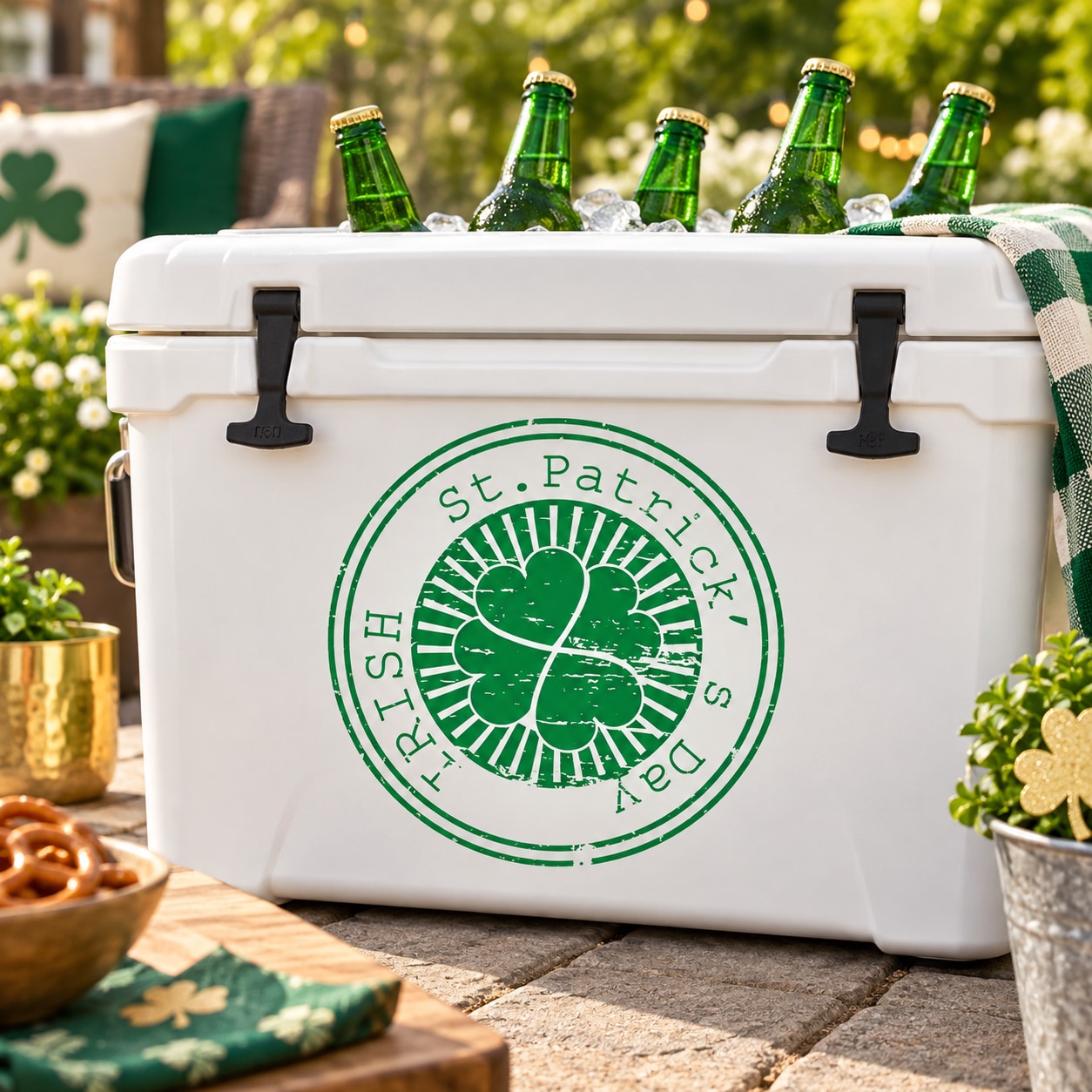 St. Patrick’s Day decal on white cooler lid, green circular clover stamp design