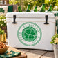 St. Patrick’s Day decal on white cooler lid, green circular clover stamp design