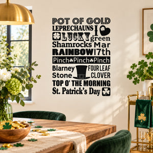 St. Patrick's Day typography decal with pot of gold, leprechauns, and green clover icons