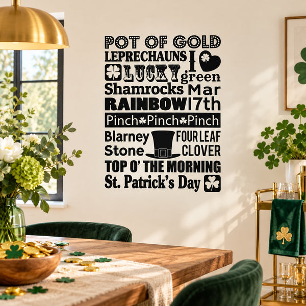 St. Patrick's Day typography decal with pot of gold, leprechauns, and green clover icons