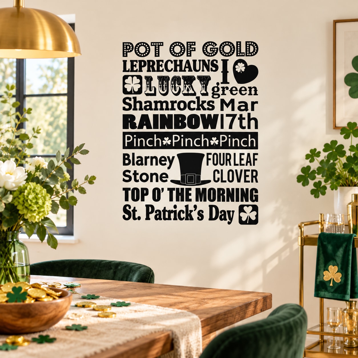 St. Patrick's Day typography decal with pot of gold, leprechauns, and green clover icons
