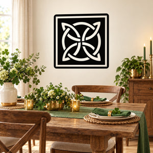 Square-framed Celtic knot decal with black and white interwoven design.
