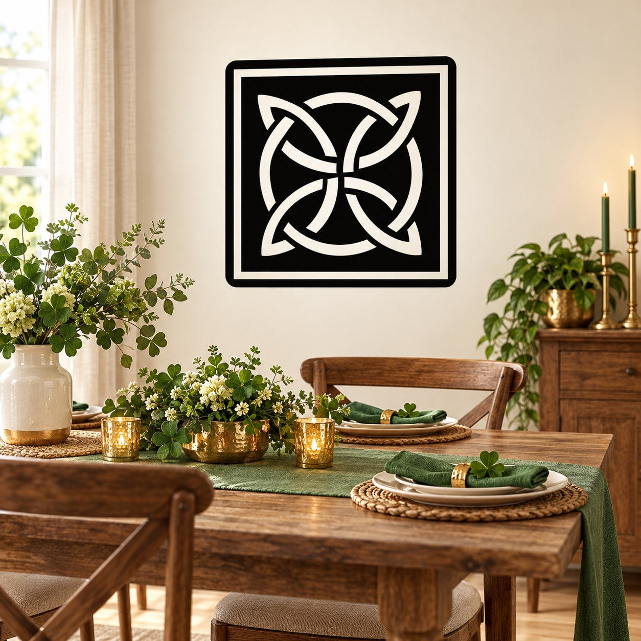 Square-framed Celtic knot decal with black and white interwoven design.