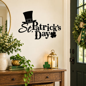St. Patrick's Day decal with black top hat, 'St Patrick's Day' script and shamrocks