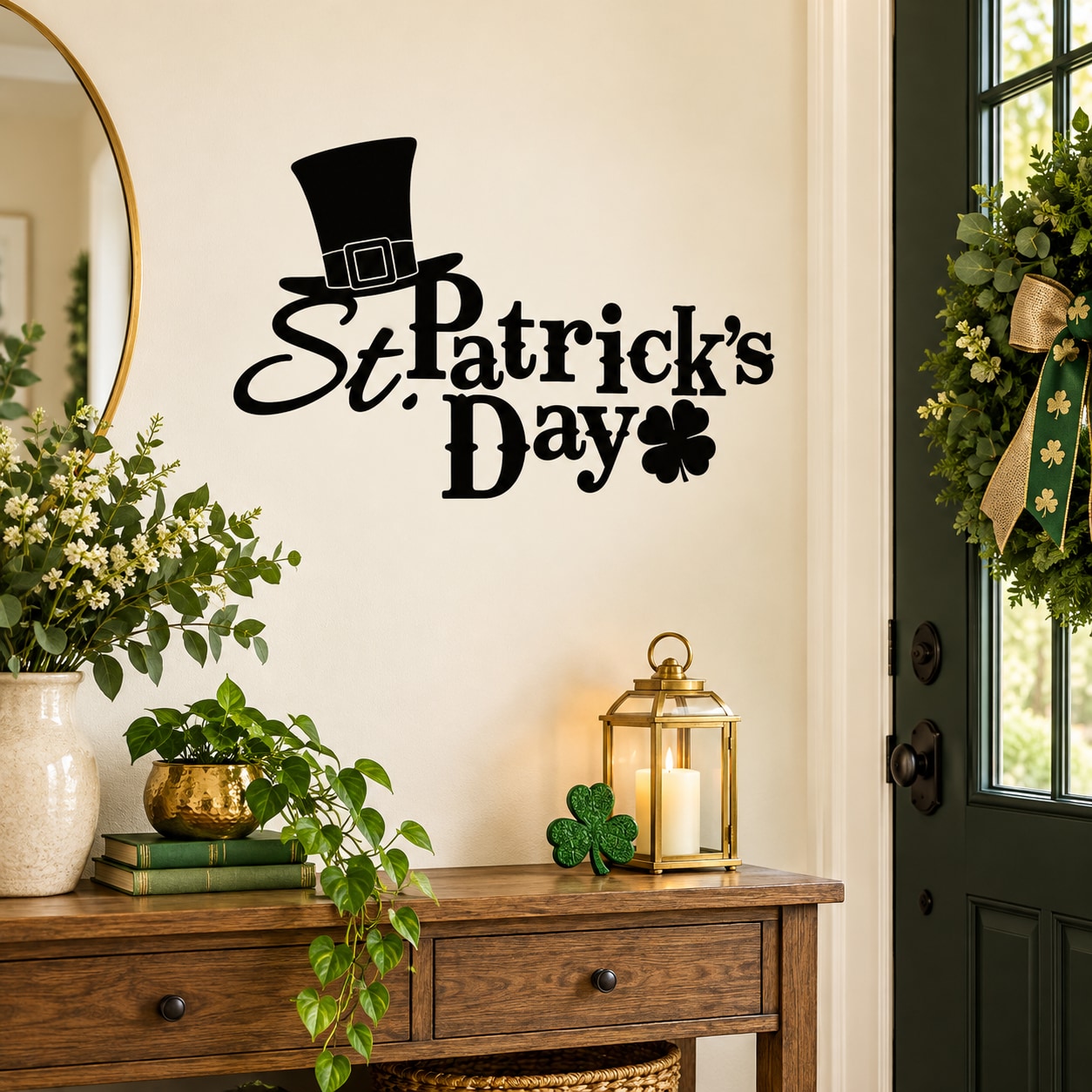 St. Patrick's Day decal with black top hat, 'St Patrick's Day' script and shamrocks
