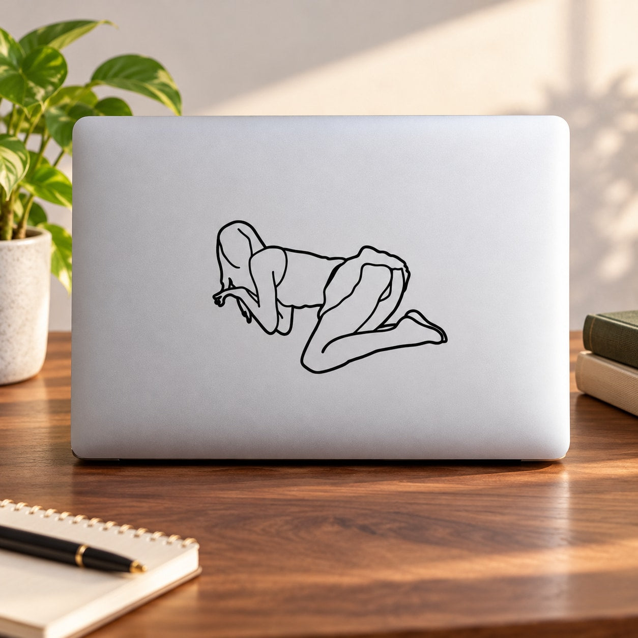 Woman in skirt outline decal, black line art on white surface