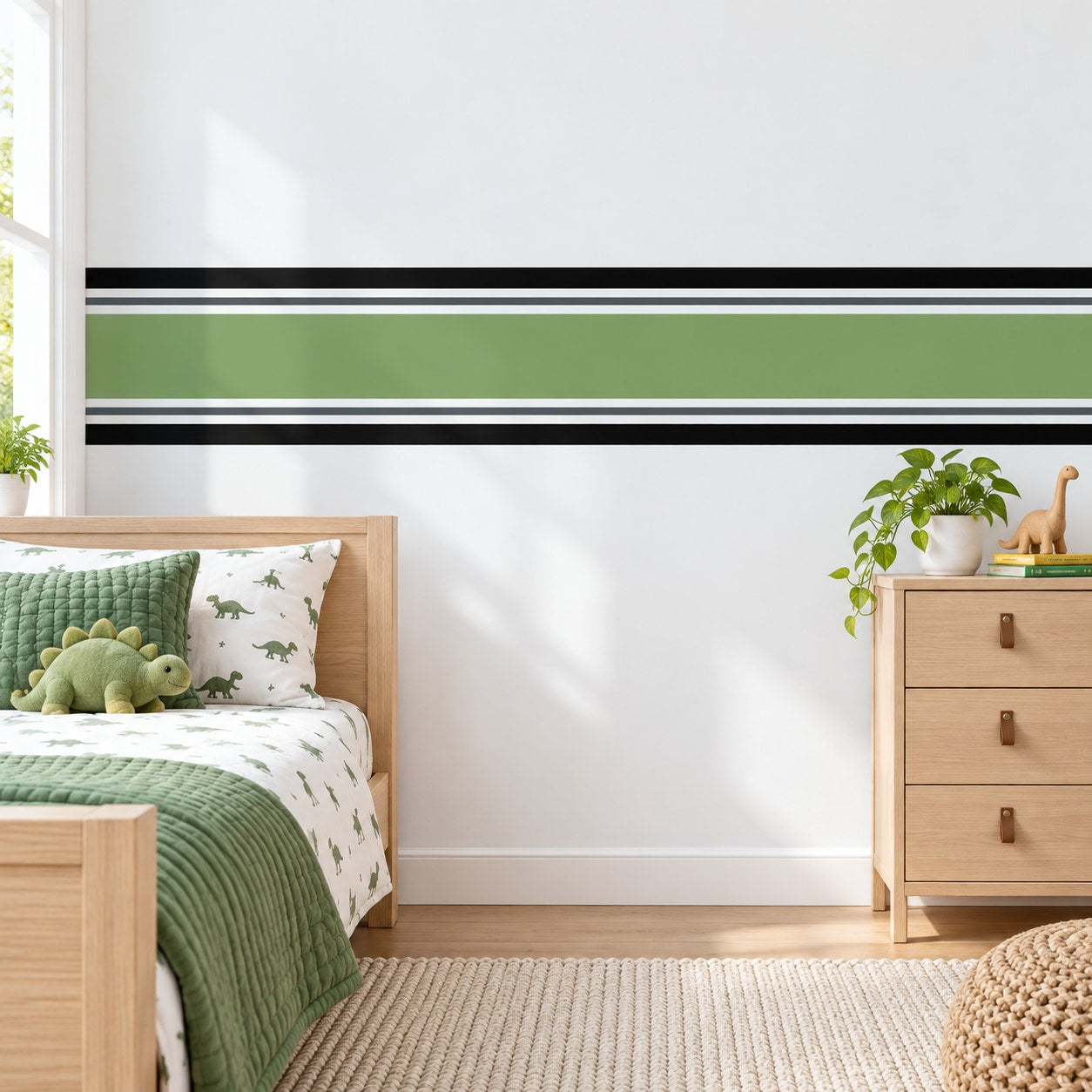 Vinyl wall stripe pinstriping roll with thin alternating black and white horizontal bands