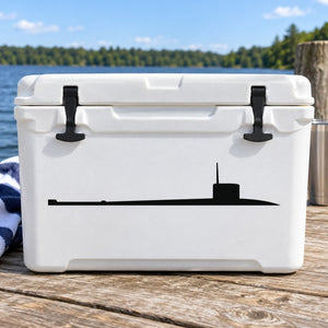 Black submarine silhouette decal on white cooler lid