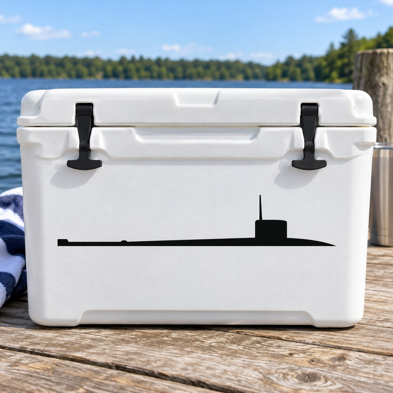 Black submarine silhouette decal on white cooler lid