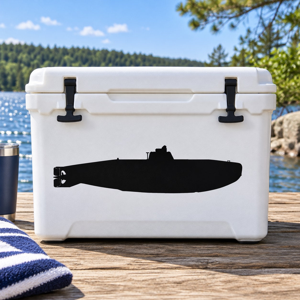 Black submarine silhouette decal on white cooler front