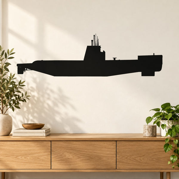 Barracuda class submarine wall decal, dark silhouette of submarine with periscope mast