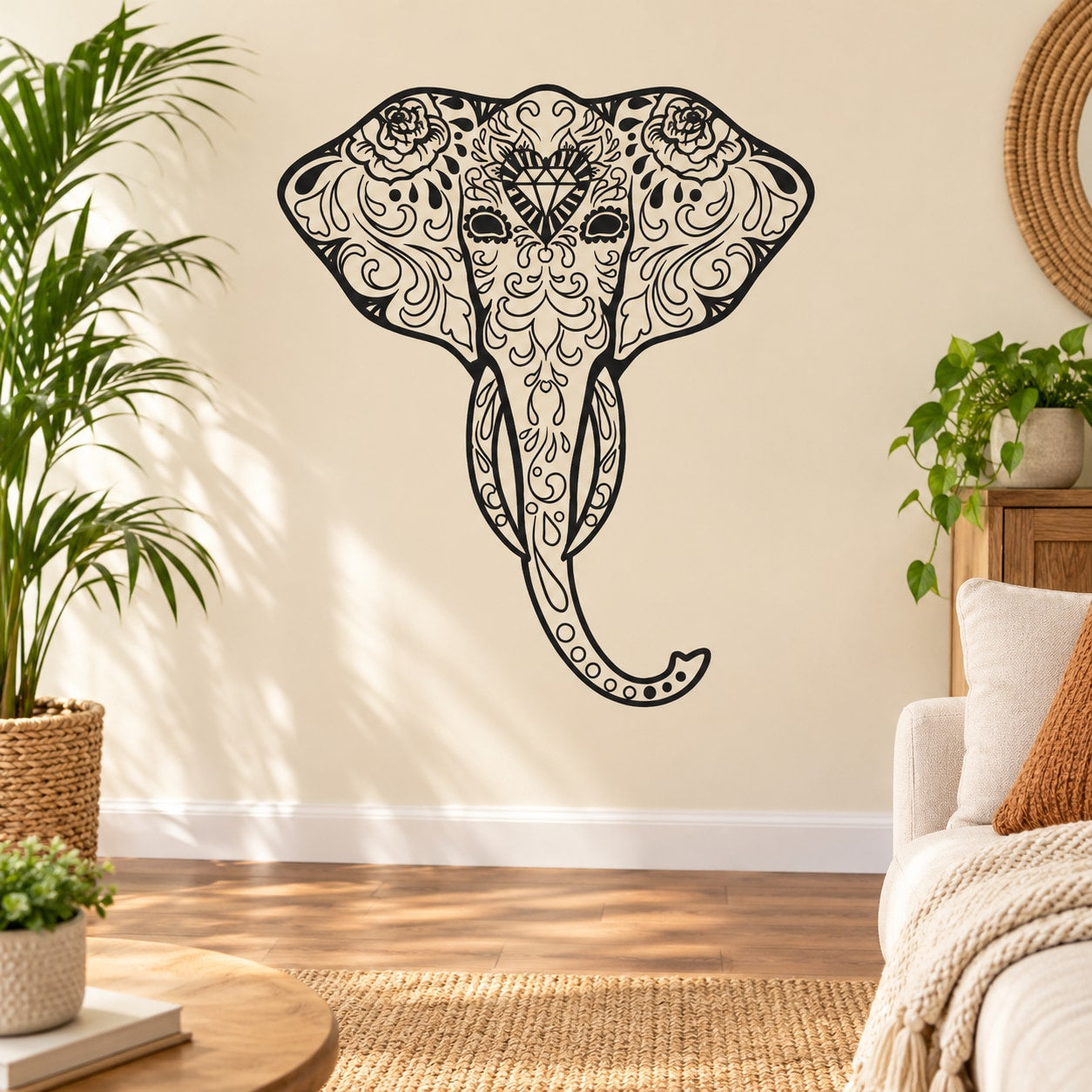 Sugar skull decal featuring elephant head in black-and-cream line art
