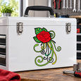 Colorful rose and sugar skull-style swirl graphic sticker on white surface