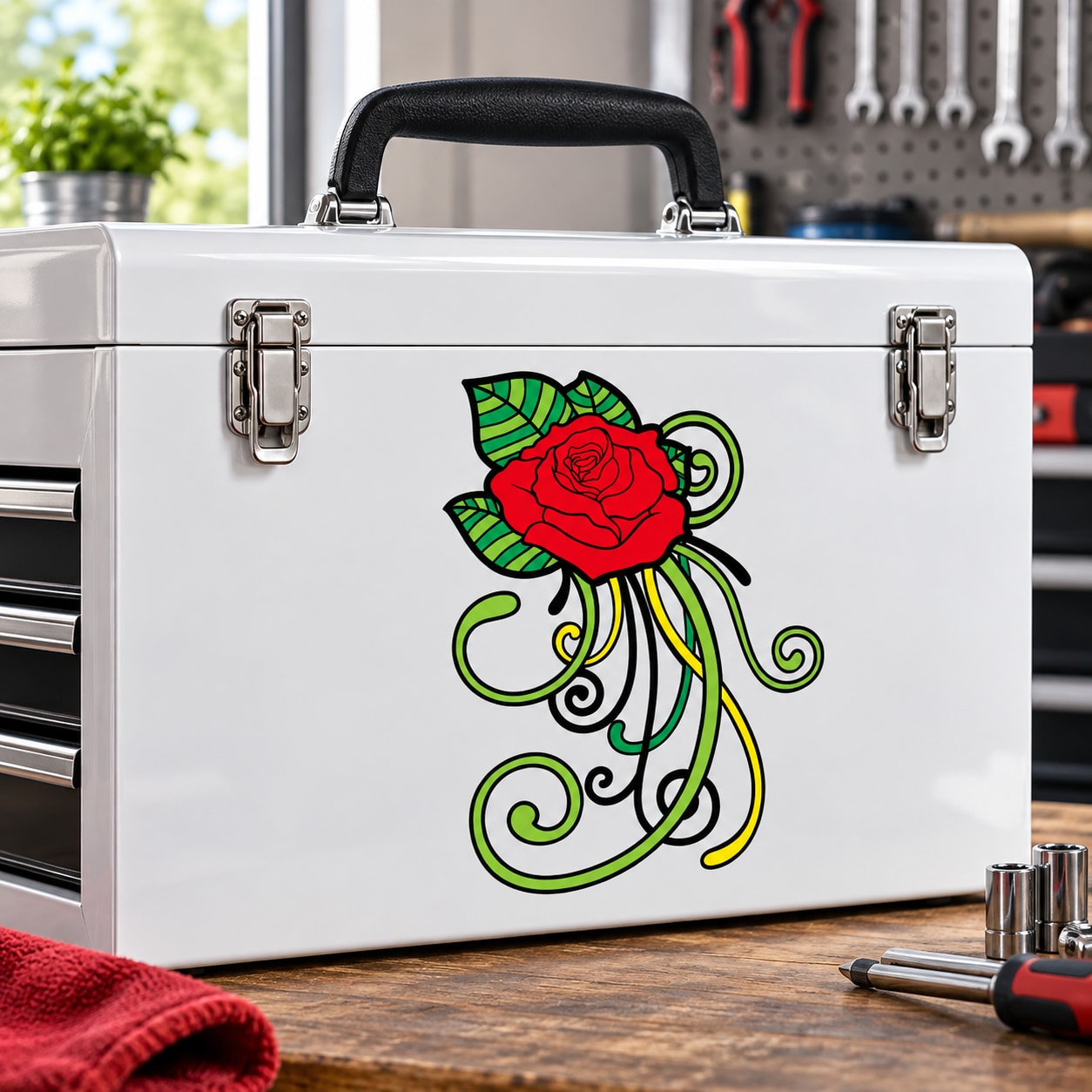 Colorful rose and sugar skull-style swirl graphic sticker on white surface