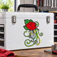 Colorful rose and sugar skull-style swirl graphic sticker on white surface