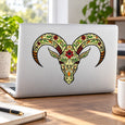 Sugar skull bull head sticker, green and red with ornate floral details