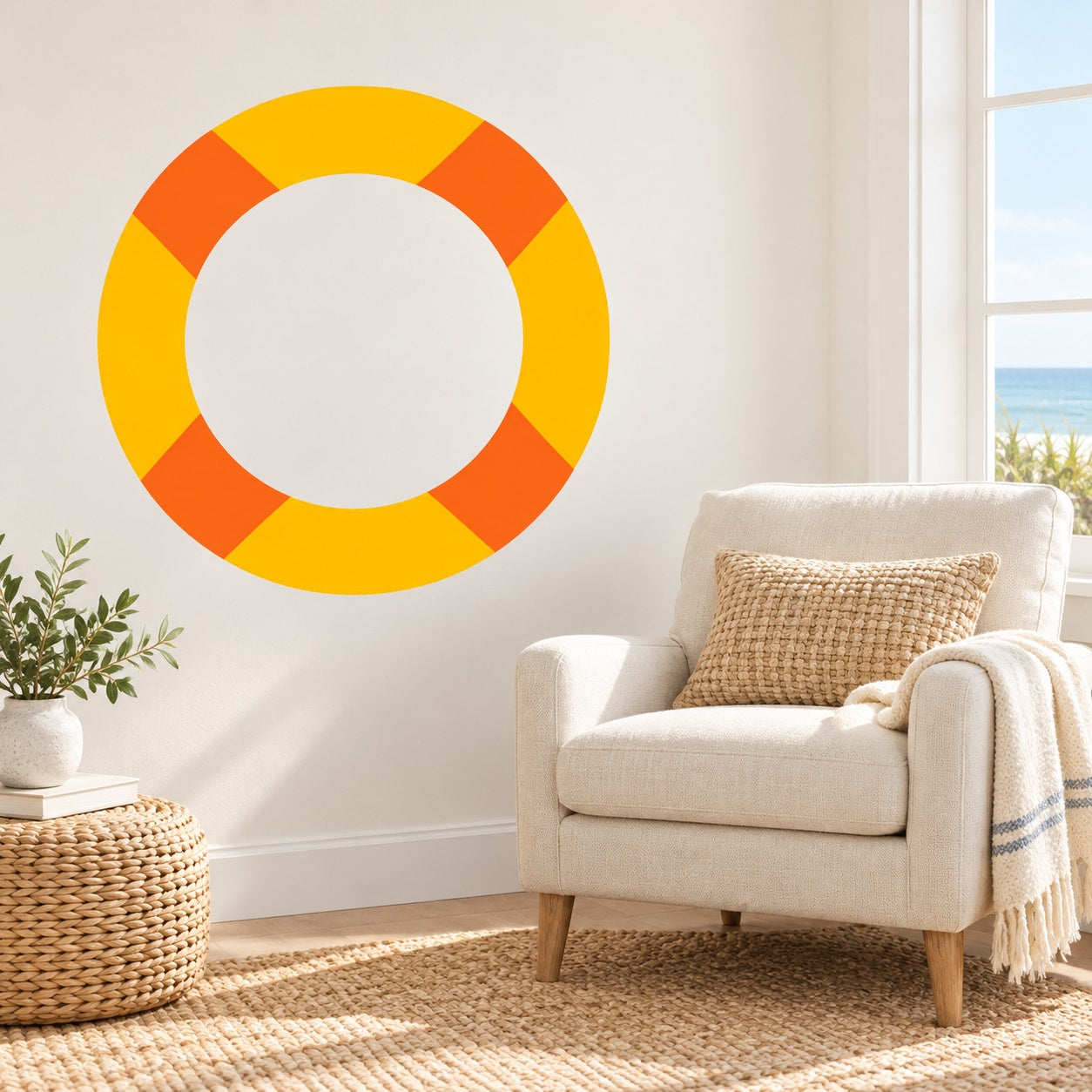 Orange and yellow ring buoy life preserver wall decal with white center circle.