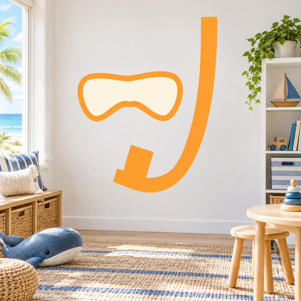 Orange snorkel goggles and fins vinyl wall decal, removable vinyl sticker