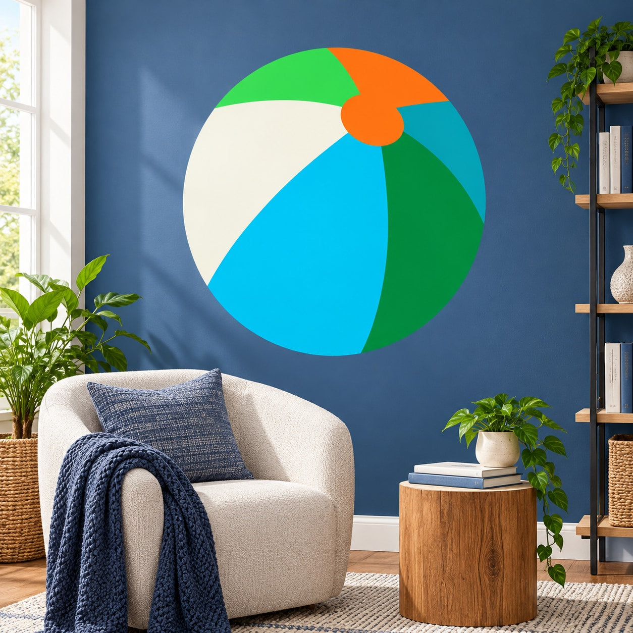 Beach ball vinyl wall decal with multicolor circular design on blue wall
