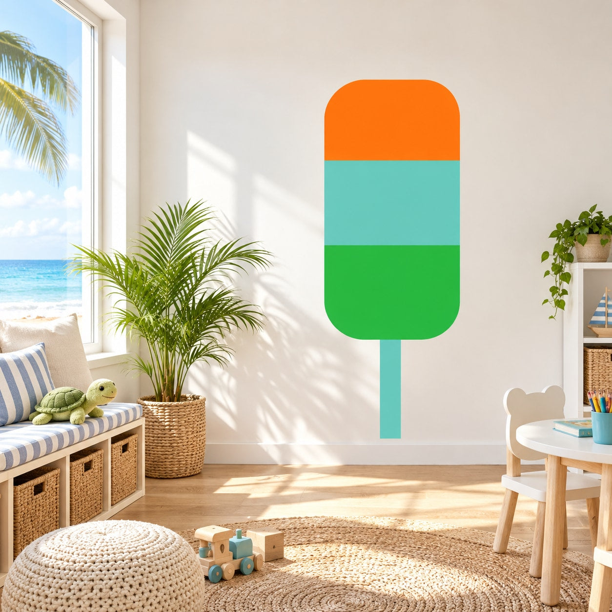 Ice cream popsicle vinyl wall decal with orange, teal, and green stripes
